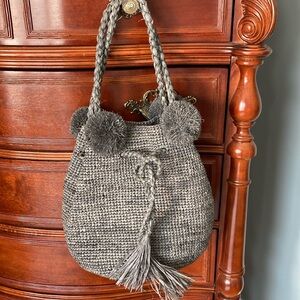 Gray Straw Bag with Straw Draw-String